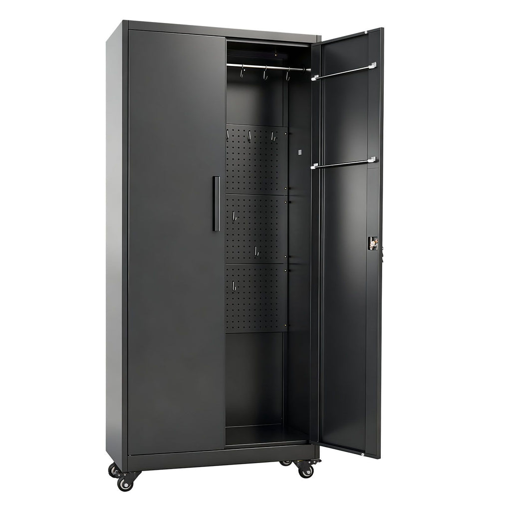 Metal Storage Cabinet, 70.6 in Rolling Steel Garage Cabinet with Adjustable Shelves, 2 Magnetic Doors, Hanging Rod & 3 Rod Hooks, 5 Tiers Lockable Tool Storage for Pantry, Warehouse, Basement