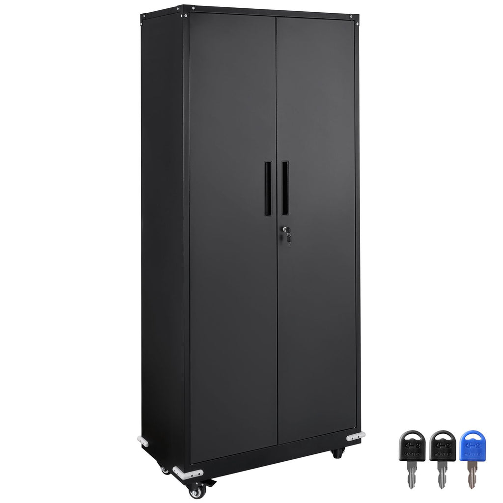 Metal Storage Cabinet with Wheels, 75 in Locking Cabinet with 4 Adjustable Shelves & 2 Magnetic Doors, 200 lbs Capacity per Shelf, Metal Cabinet with 3 Keys for Home, Office, Garage, Black