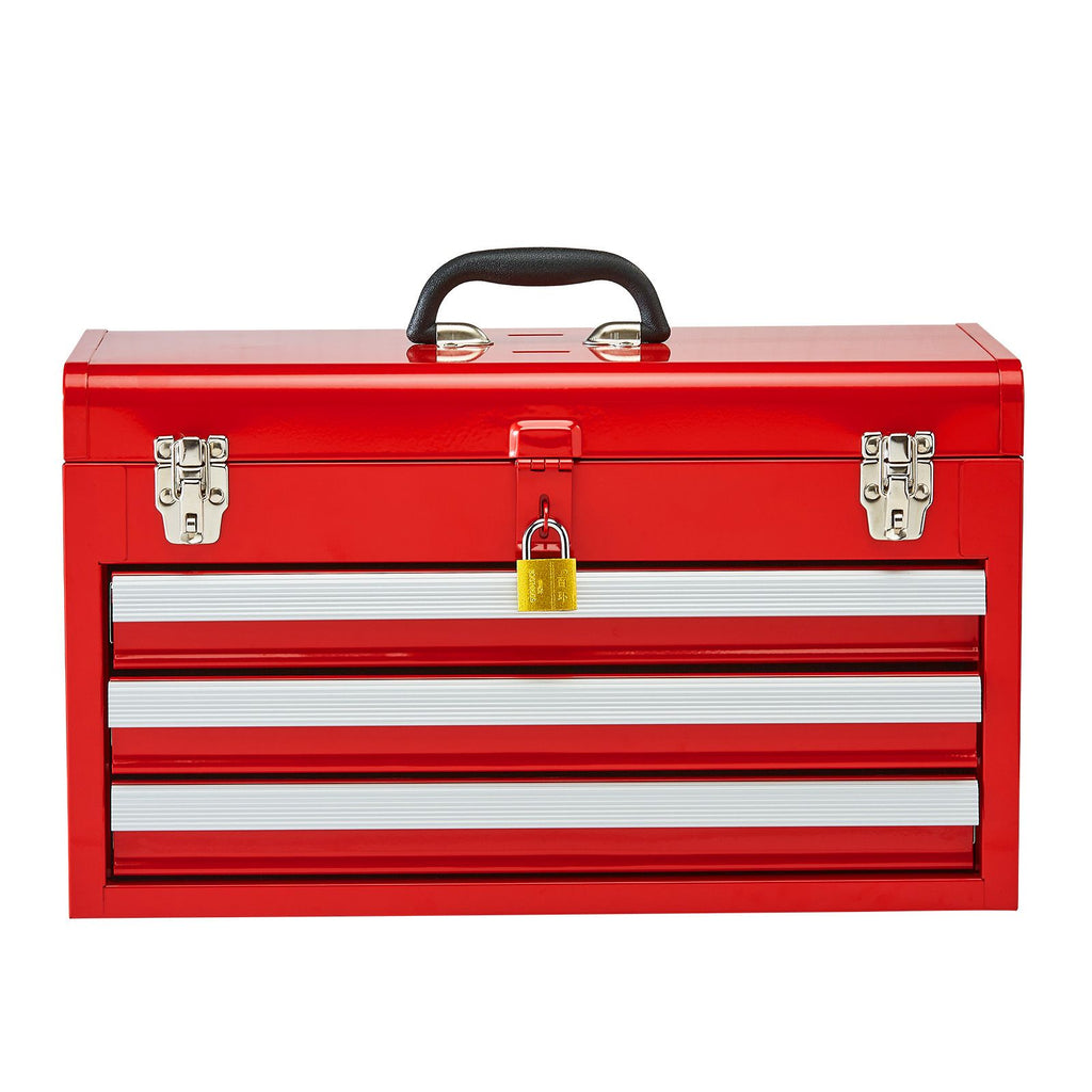 Metal Tool Box, 20.5-inch, Portable Metal Tool Box with 3 Drawers, Small Tool Chest with EVA Liners, Ball Bearing Slide Drawers Locking & Powder Coated Finish, Multi-Function Tool Organizer, Red