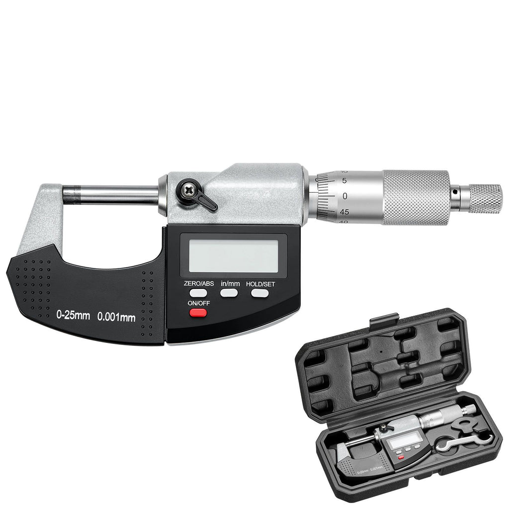 Micrometer Set, Digital Outside Micrometer 0-1 inch Measuring Range, 0.00005" Resolution, Ultra-Precision 0.0001 Accuracy, LCD Screen, in/mm Switch, Carbide Tip, with Protective Case