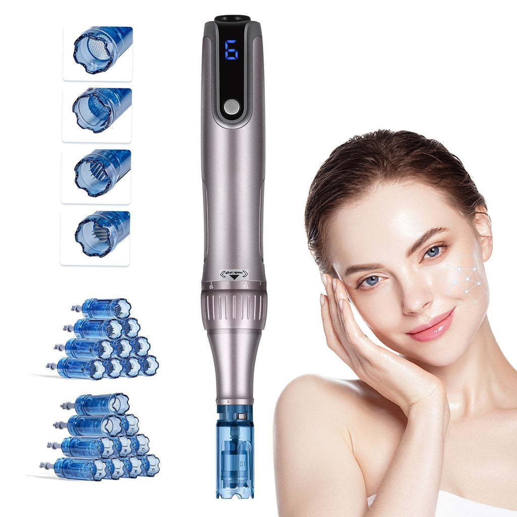 Microneedling Pen M8S, Electric Derma Pen with 20PCS Anti-Backflow Cartridges, 6 Variable Speed Skin Care Beauty Device with LCD Display and 0-2.5mm Adjustable Needle Length