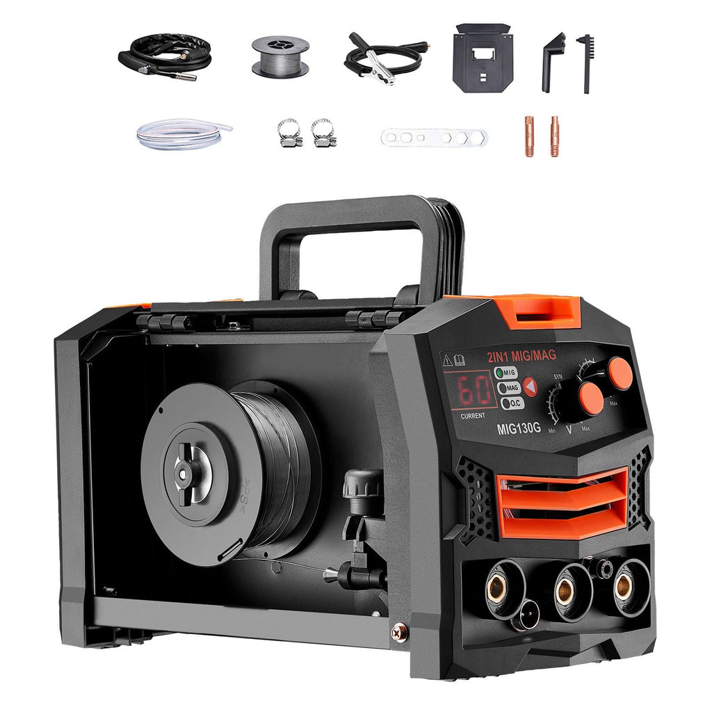 MIG Welder, 130A Synergic Mig Welding Machine, 2-in-1 Gas MIG/Gasless Flux Core MIG Multi-Process Welder Machine, 110V Portable Mig Welder with IGBT Inverter Technology & Digital Display Screen