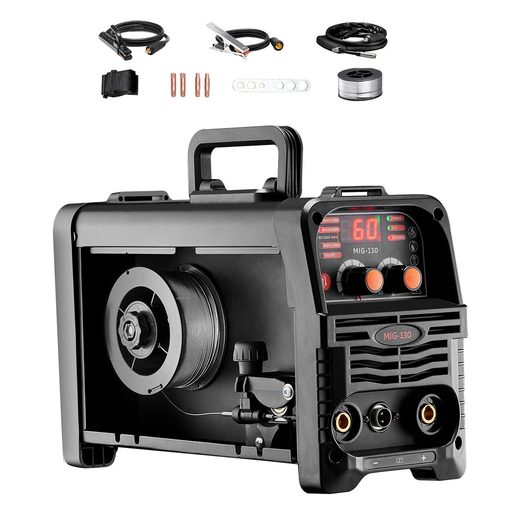 MIG Welder, 130Amp Synergic Mig Welding Machine, 3-in-1 Flux Core MIG/Stick/Lift TIG Multi-Process Welder Machine, 110V Portable Mig Welder with IGBT Inverter Technology & Digital Display Screen