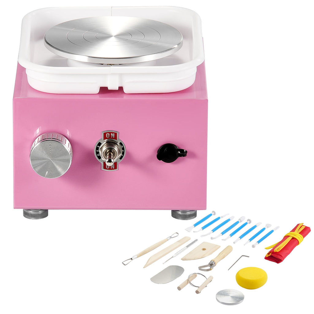Mini Pottery Wheel, 0-320RPM Adjustable Speed Detachable Basin Forming Machine, 2.56in/3.94in 2 Turntables Electric Ceramic Wheel Machine, 18pcs Accessories, for Art Craft Work Home DIY, Pink