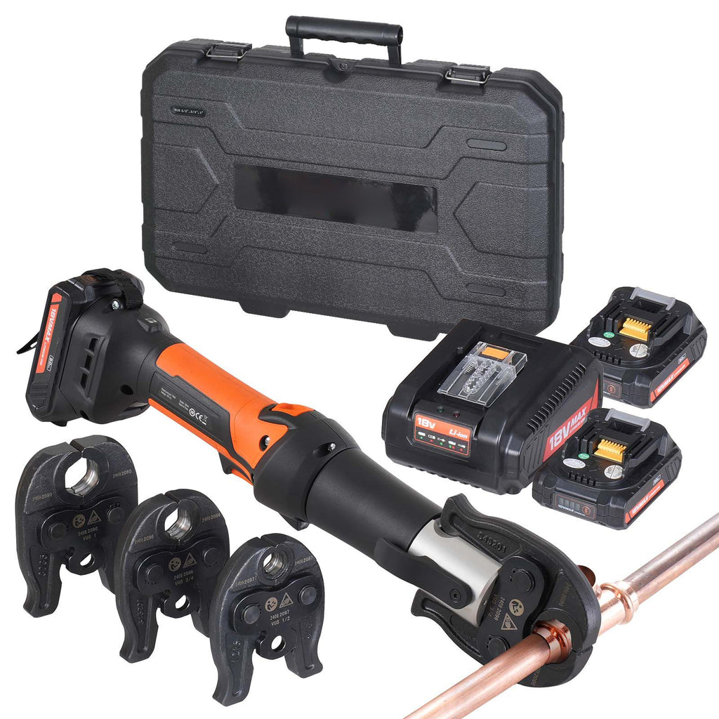 Mini ProPress Tool, 18V Electric Pipe Crimping Tool for 1/2", 3/4", 1" Copper Pipes, Press Tool Kit with 3 Pro Press Jaws, 2pcs 18V 2AH Battery, Fast Charger & Carrying Case