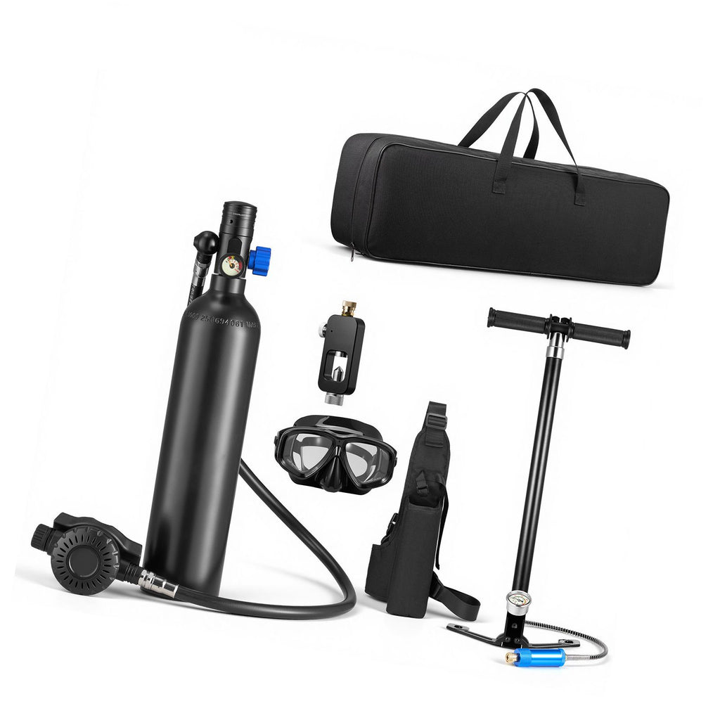 Mini Scuba Tank, 1L Portable Diving Tank for Underwater Breathing, Reusable Lung Diving Cylinder up to 20 Minutes Dive Time, Emergency Rescue Pony Bottle with Adapter & Goggles for Snorkeling