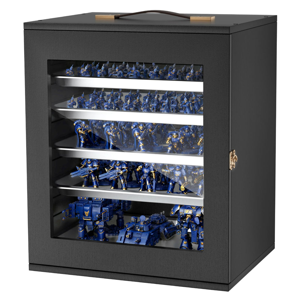 Miniatures Storage Case, Fits for 1:1000-1:1500 Scale Models, Wooden Miniatures Display Holder with 5 Tray & 11 Slots, Clear View Miniature Transport Case for Collectibles (Minis Not Included)