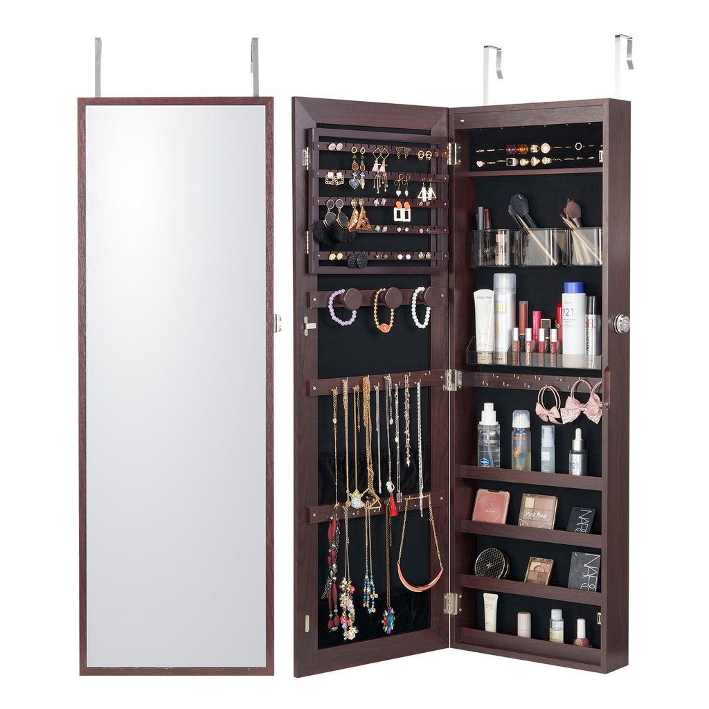 Mirror Jewelry Cabinet, 42.52-Inch Tall Lockable Jewelry Cabinet Armoire with Full-Length Mirror, Wall or Door Mounted Jewelry Mirror Organizer with LED Interior Lights and Velvet Lining, Brown
