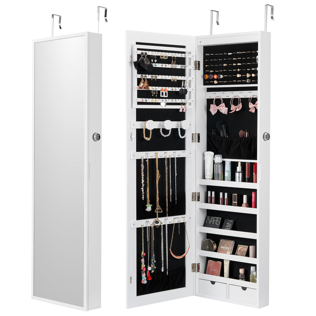 Mirror Jewelry Cabinet, 47.05-Inch Tall Lockable Jewelry Cabinet Armoire with Full-Length Mirror, Wall or Door Mounted Jewelry Mirror Organizer with LED Interior Lights and Velvet Lining, White