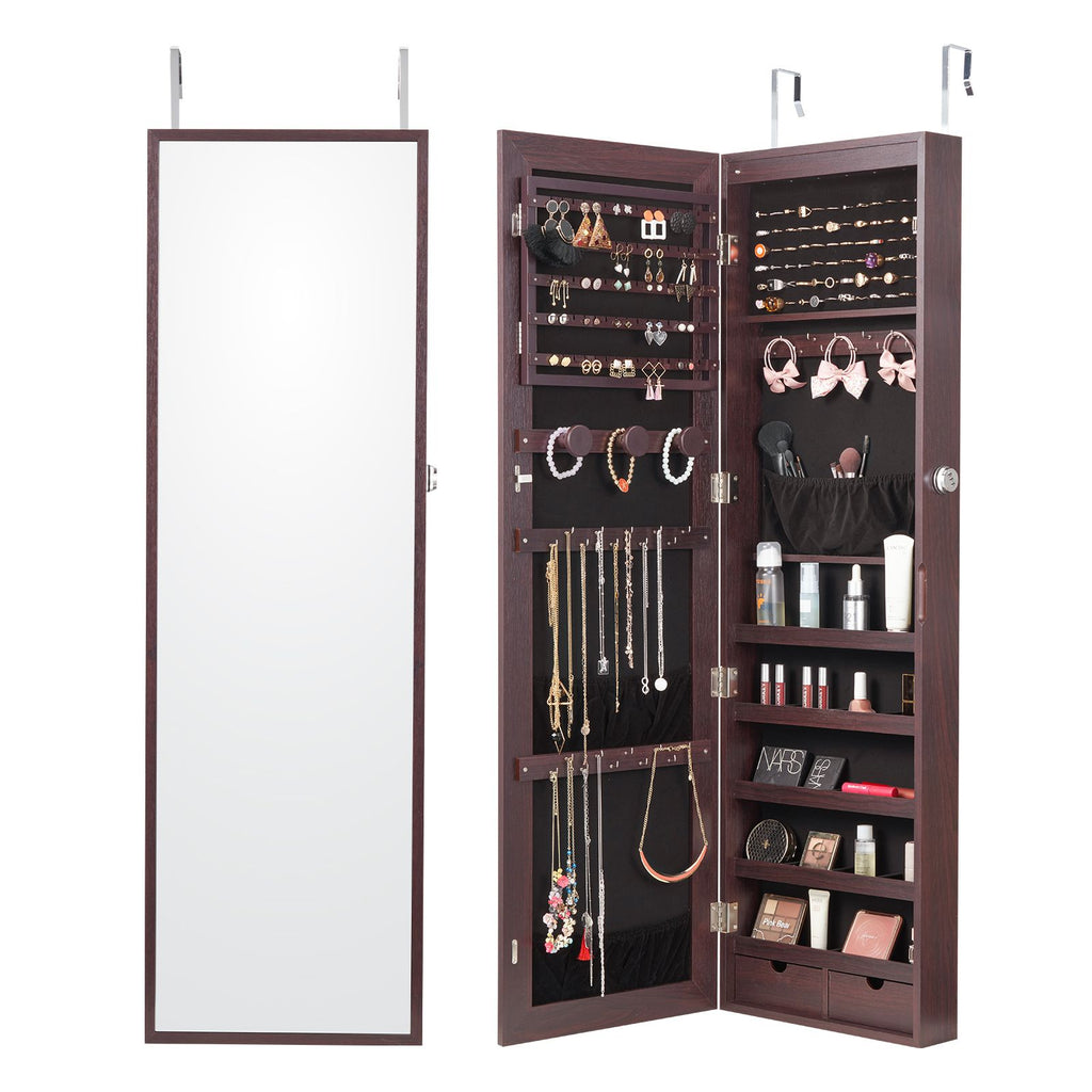 Mirror Jewelry Cabinet, 47.05-Inch Tall Lockable Jewelry Cabinet Armoire with Full-Length Mirror, Wall or Door Mounted Jewelry Mirror Organizer with LED Interior Lights and Velvet Lining, Brown
