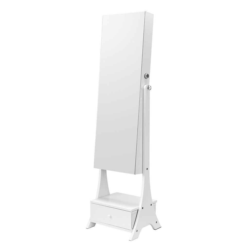 Mirror Jewelry Cabinet, Standing Mirror with Storage, Lockable Jewelry Mirror Organizer with Full Length Mirror, Velvet Lining, Interior LED Light, Drawer, Freestanding Jewelry Armoire, White