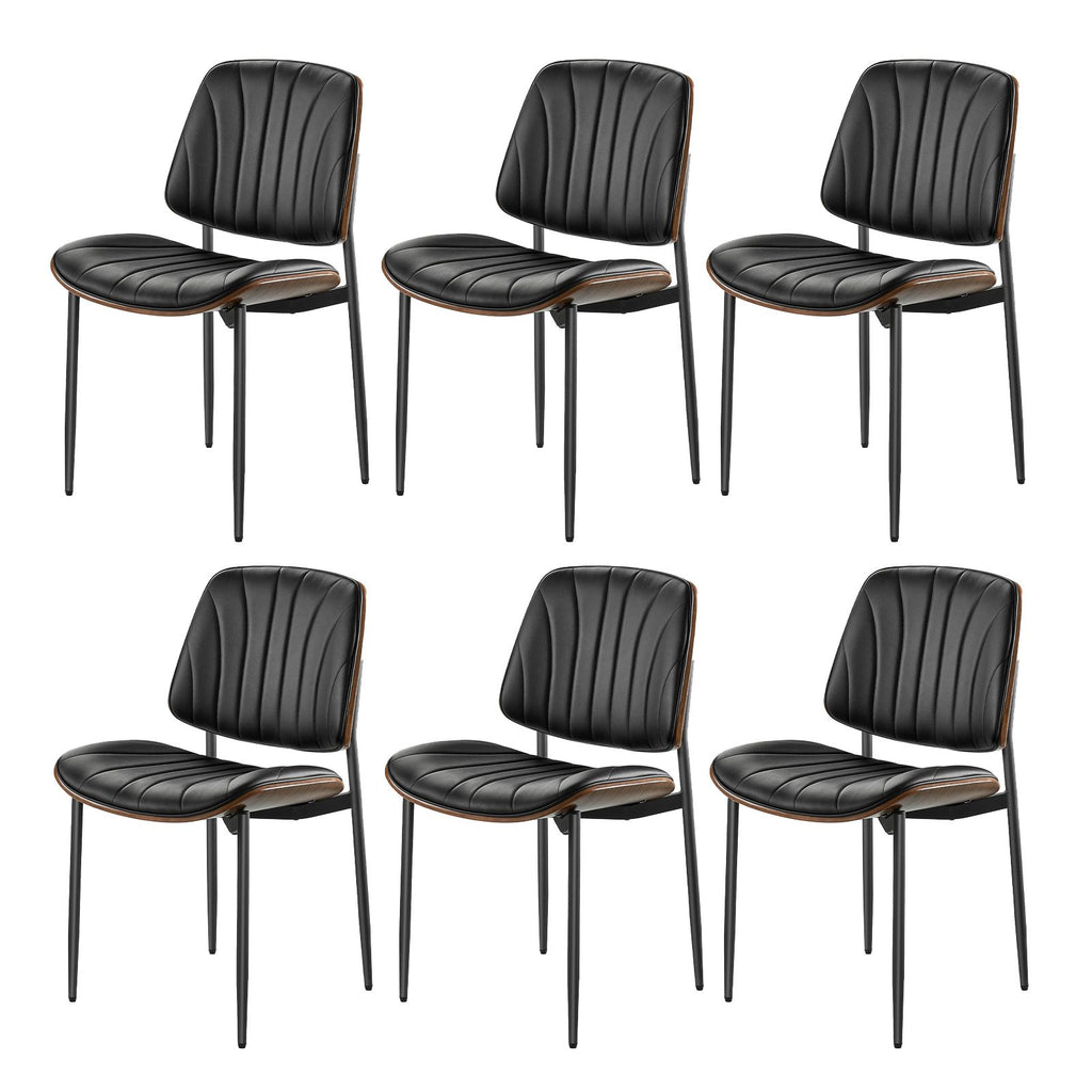 Modern Dining Room Accent Chairs Set of 6, Upholstered Leather Side Chair for Dining Tables, Space-Saving Kitchen Table Chair with Thick Cushions and Metal Legs, Black