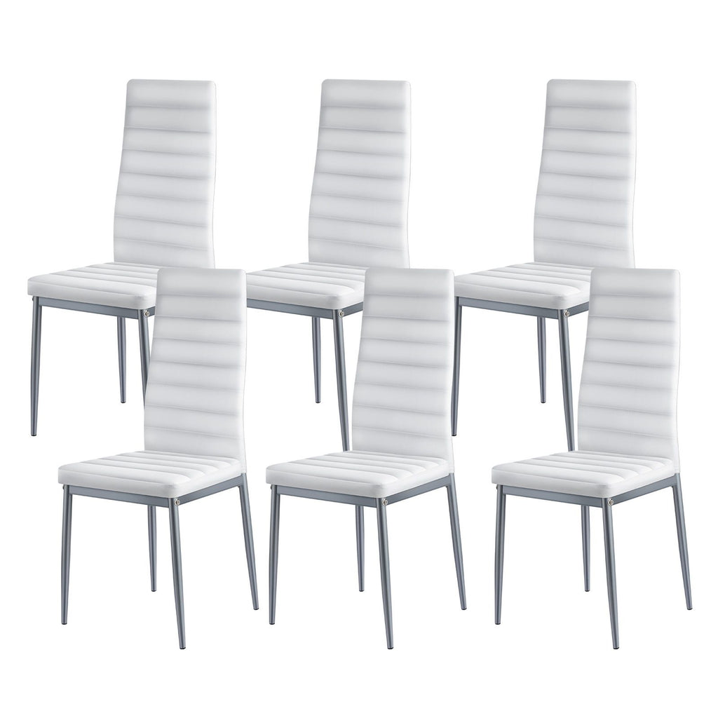 Modern Dining Room Accent Chairs Set of 6, Upholstered Leather Side Chair for Dining Tables, Space-Saving Kitchen Table Chair with Thick Cushions and Metal Legs, White