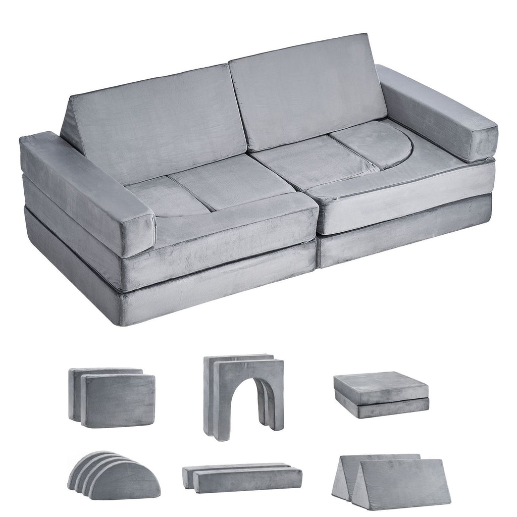 Modular Kids Play Couch, Sectional Toddler Sofa with Armrests, 28D Sponge & Short Pile, Convertible Kids Modular Couch DIY Creative Combination for Playroom, Bedroom, Living Room, 14 Pcs, Gray
