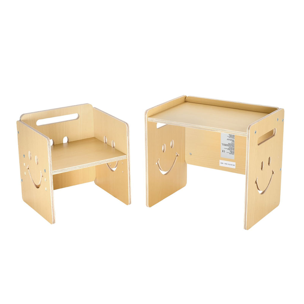 Montessori Weaning Table and Chair Set, 3 In 1 Wooden Toddler Table and Chairs with Chalkboard, Adjustable Height Montessori Table for Ages 1-5, Ideal for Drawing, Reading, Eating - Natural image 2