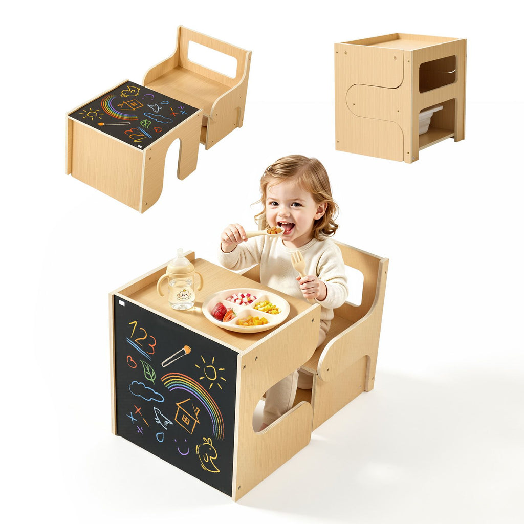 Montessori Weaning Table and Chair Set, Wooden, Kids Table and Chair Set for Toddlers 1-5, Step Stool with Blackboard and Storage Space, Easy to Clean, for Eating, Drawing, Reading, Playing