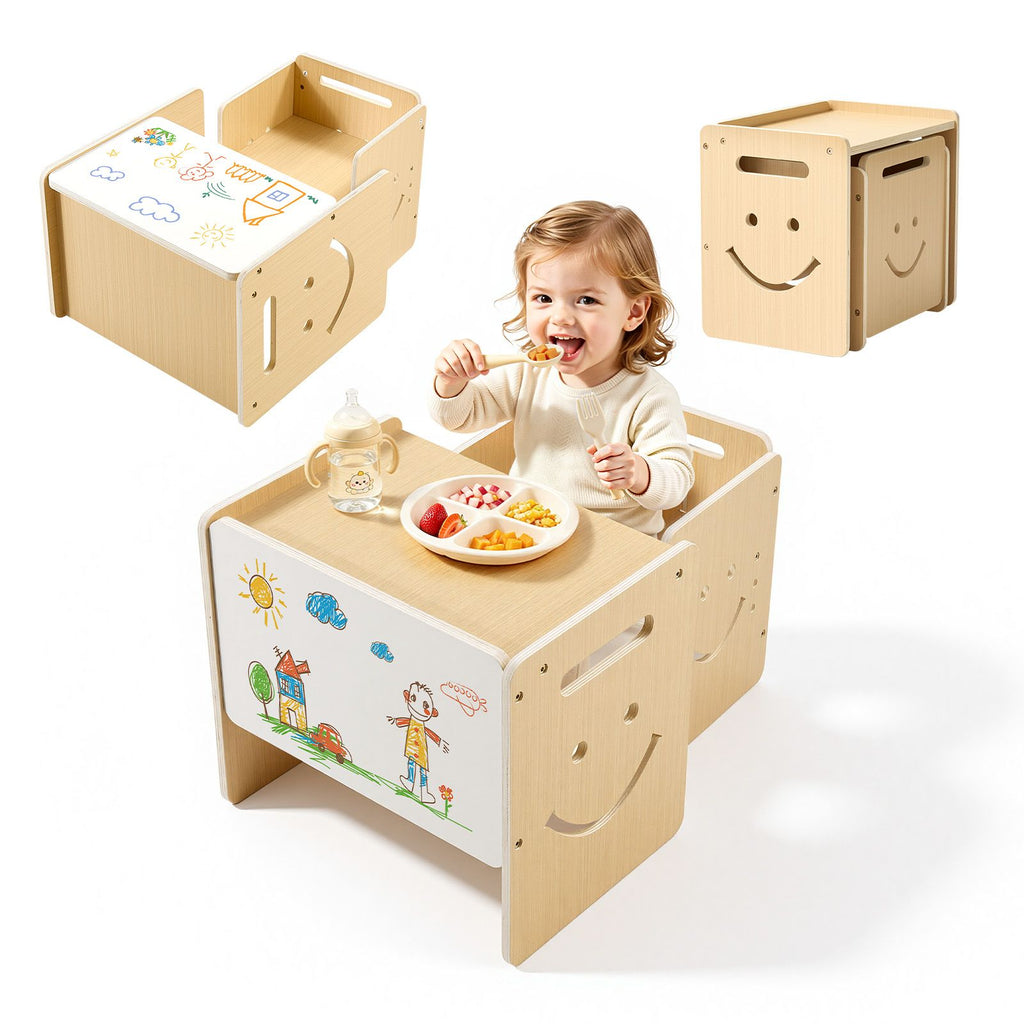 Montessori Weaning Table and Chair Set, Wooden, Kids Table and Chair Set for Toddlers 1-5, Step Stool with Whiteboard and 3 Heights Adjustable, Easy to Clean, for Eating Drawing Reading Playing
