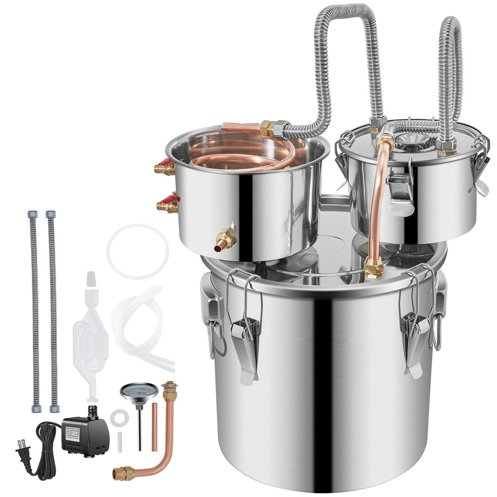 Moonshine Still Distiller 3Gal 12L Stainless Steel Water Distiller Copper Tube with Circulating Pump Home Brewing Kit Build-in Thermometer for DIY Whisky Wine Brandy Spirits