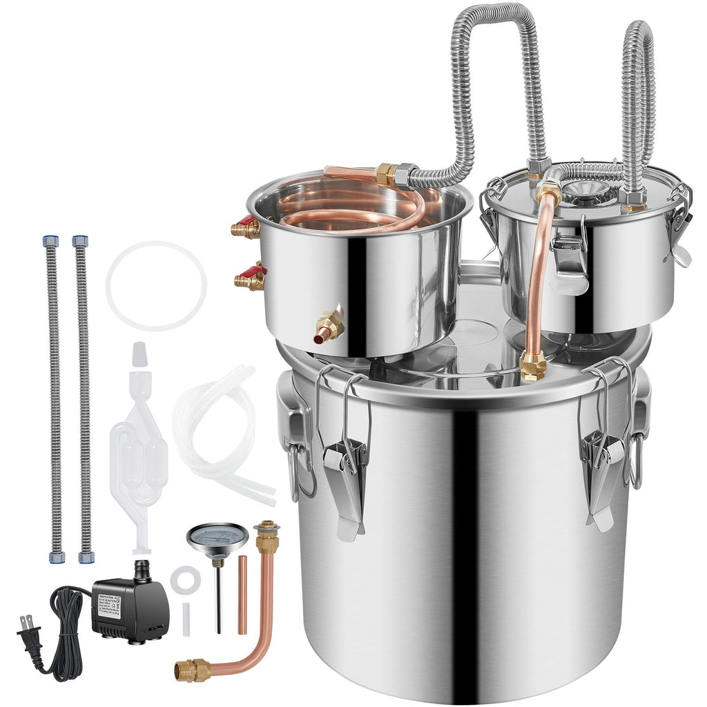 Moonshine Still Stainless Steel Water Alcohol Distiller Copper Tube With Circulating Pump Home Brewing Kit Build-in Thermometer for DIY Whisky Wine Brandy Spirits