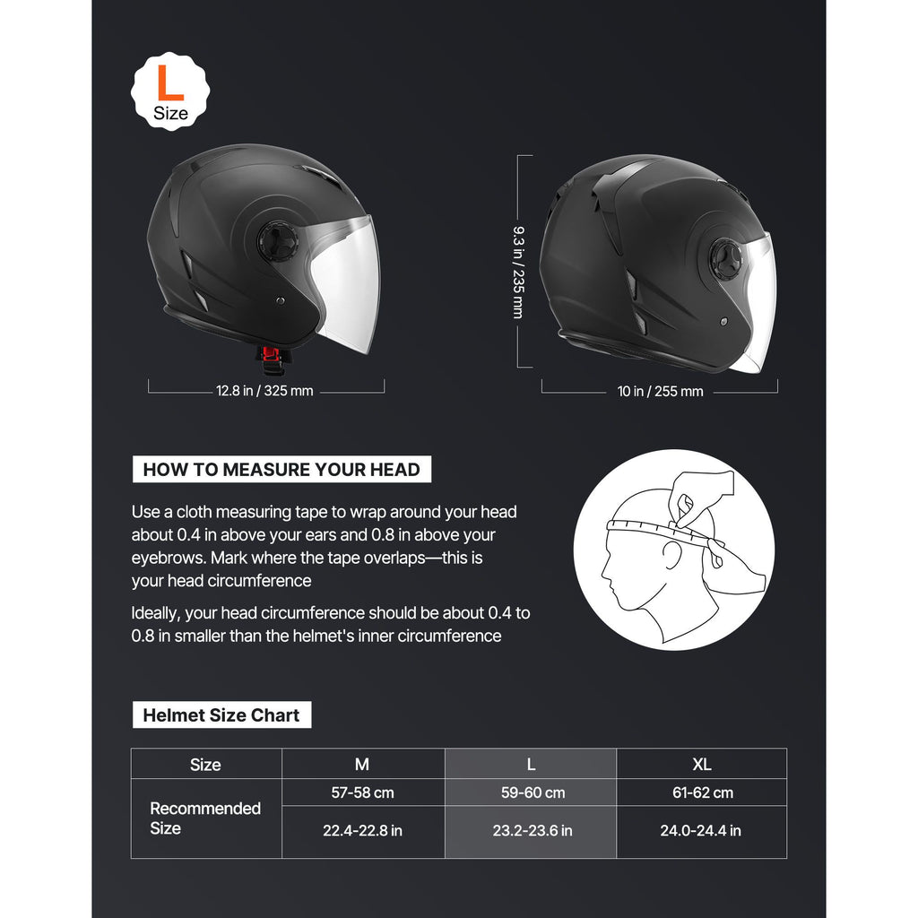 Motorcycle Helmet, 3/4 Open Face, Adult Motocross Dirt Bike Helmet with Clear Visor, Comfortable Motorbike Racing Street with Detachable Liner for Men & Women, DOT Approved, (Matte Black, L)