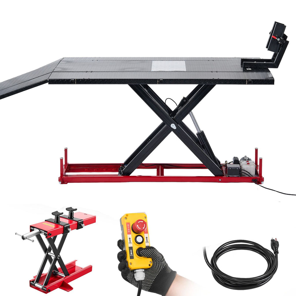Motorcycle Lift Table, 1500 lbs Capacity, Electric Hydraulic Pump with Scissor Lift Jack, Wheel Chock, 9.05"-41.73" Height, 78.3" x 50.4" Extra-Wide Heavy Duty Repair Stand for ATV, Dirt Bike