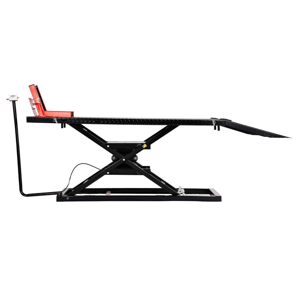 Motorcycle Lift Table, 1500lbs Weight Capacity, Pneumatic Motorcycle Jack, 8.6-31 in Height Range, Heavy Duty Bike Repair Stand with Removable Workbench, Repair Platform for ATVs, Dirt Bike