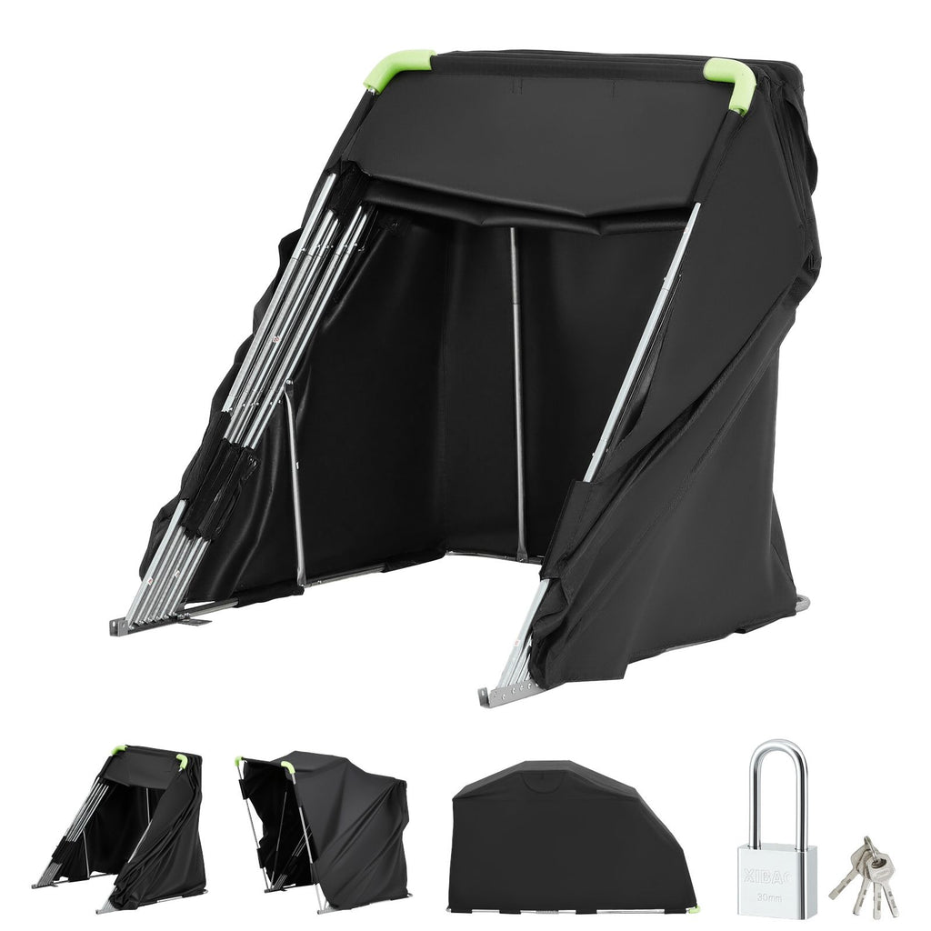 Motorcycle Storage Shelter with Security Lock, 600D Oxford Flip-Up Garage Tent, Heavy-Duty All-Weather Motorcycle Cover with Ventilation Windows, 110 x 43 x 63 in Outdoor Vehicle Shelter, Black