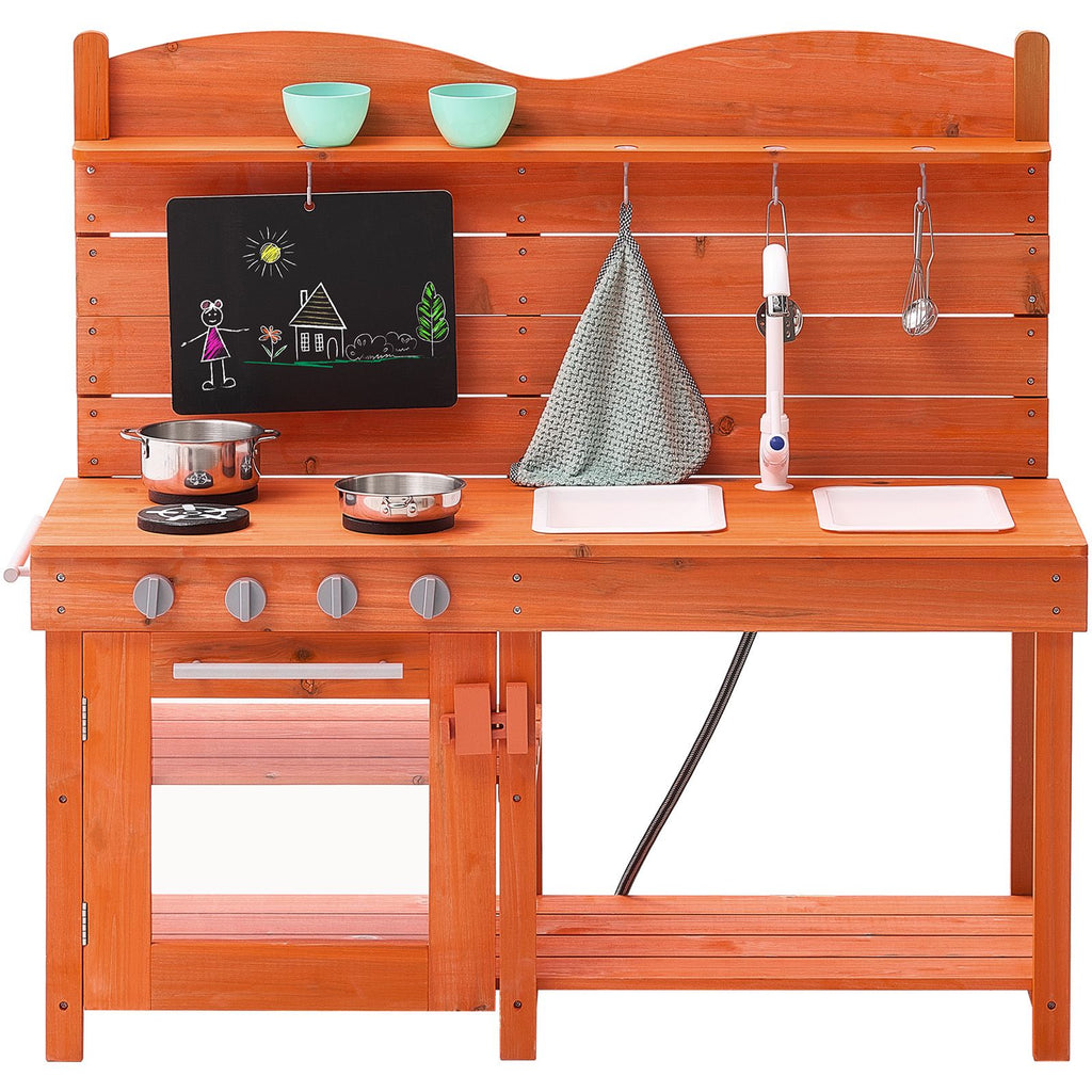 Mud Kitchen for Kids, Wooden Toy Play Kitchen Set, Outdoor Toddler Grocery Store Playset for Boys & Girls, Pretend Play Kitchen with Stoves, Sink, Faucet, Blackboard, Cookware Pots, Accessories