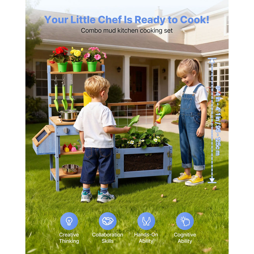 Mud Kitchen, Outdoor Mud Kitchen for Kids, Wood Outdoor Play Kitchens with Planting Box, Critter Catcher Container, Tank, Sink, Cookware Pots and Accessories, Wooden Play Kitchens for Lawn, Yard image 2