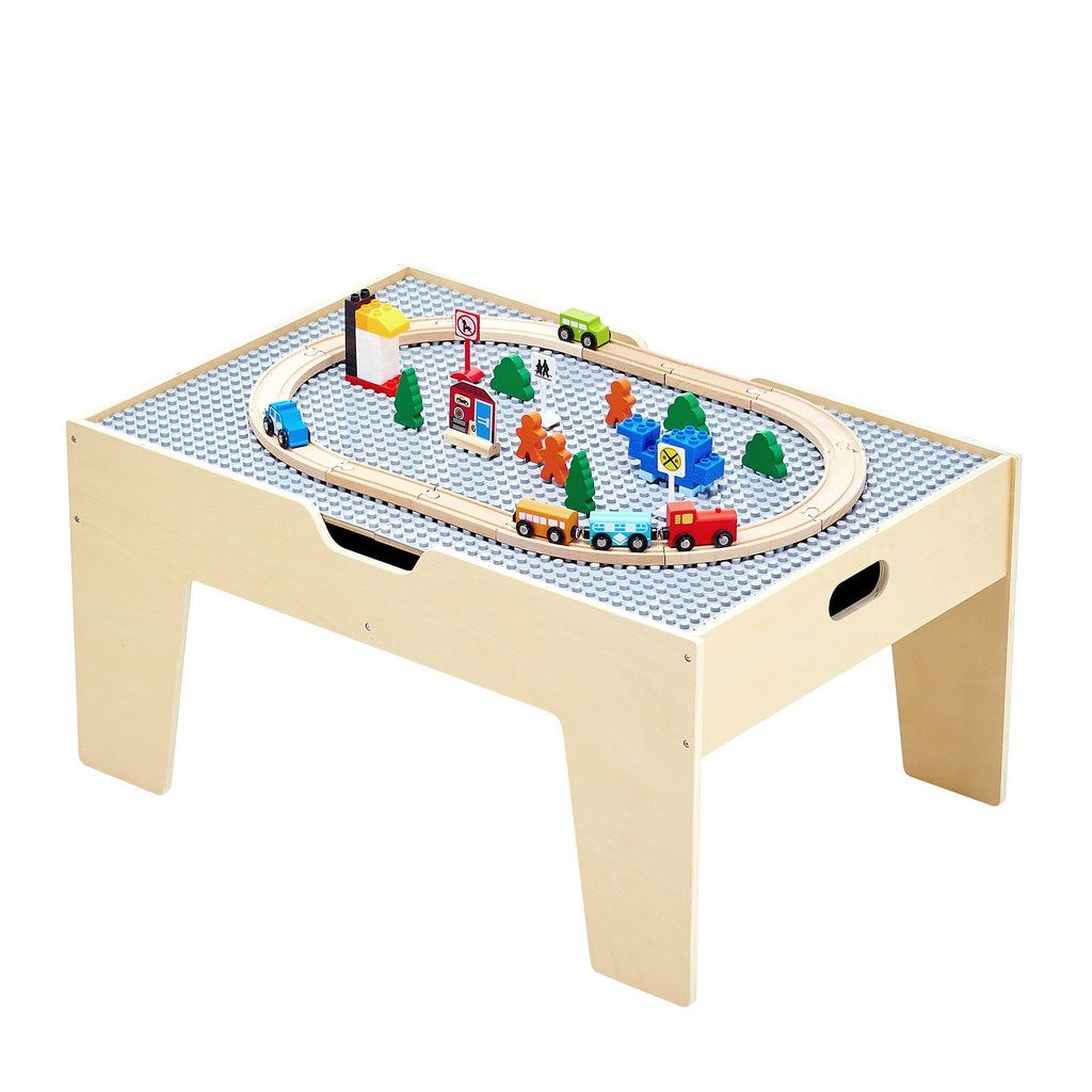 Multi-Purpose Activity Play Table, 290 Building Bricks and 30-Piece Wooden Train Set Railway, Vehicles, Tracks and Accessories, Wooden Kids Activity Table with Storage Area for Kids Ages 3+