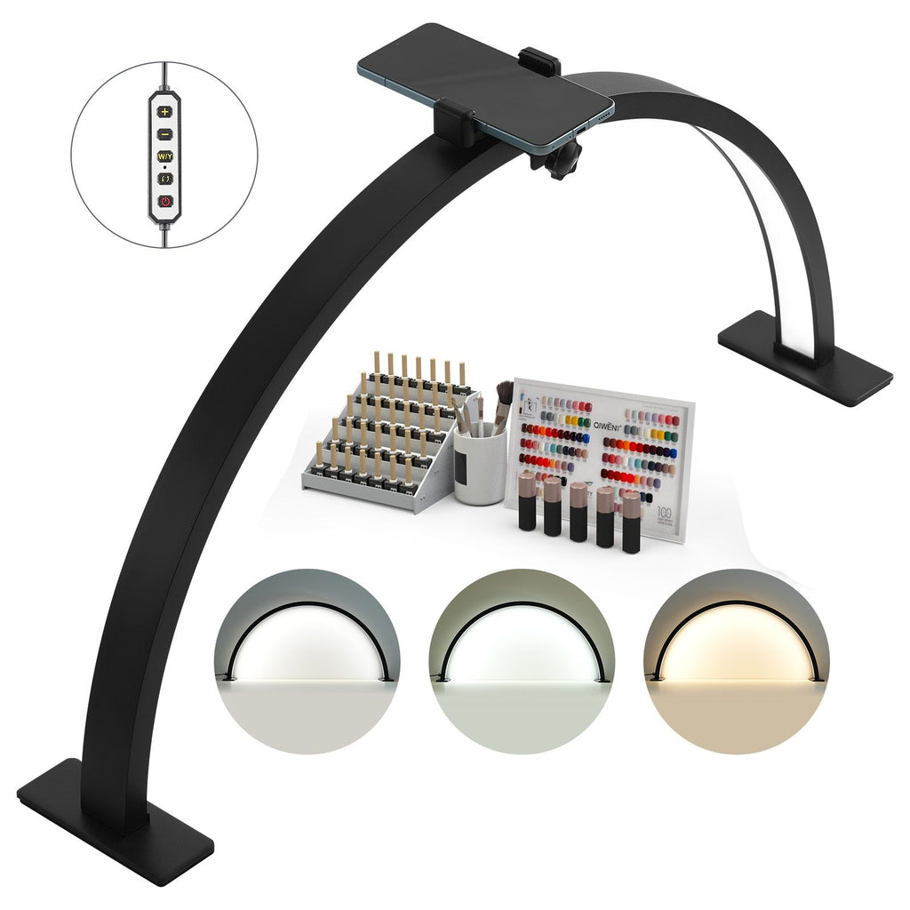 Nail Desk Light, 30 W Half Moon Desk Lamp with Phone Holder, Adjustable Brightness and Color Temperature, Arched LED Table Light for Nail Tech, Tattoo Artists, Beauty, Eyelash Extensions