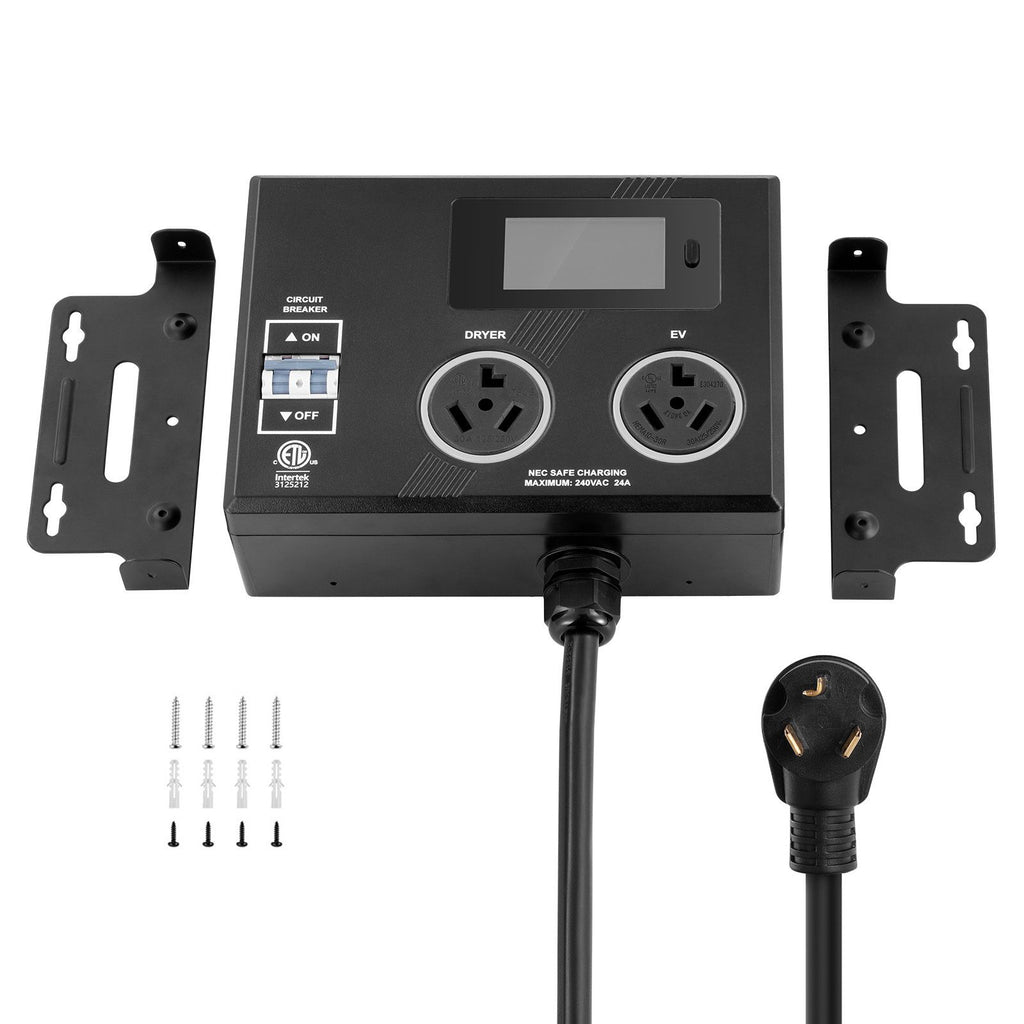 NEMA Splitter for Dryer and EV, 3-Color LED Indicator, 240V Smart Power Distribution, With NEMA 10-30 Plug, Two NEMA 10-30 Outlets, 3.4 in LCD Screen, Max 24A Dryer EV, Tested to ETL Standard
