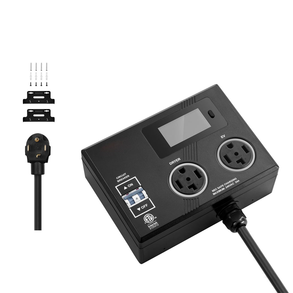 NEMA Splitter for Dryer and EV, 3-Color LED Indicator, 240V Smart Power Distribution, With NEMA 14-30 Plug, Two NEMA 14-30 Outlets, 3.4 in LCD Screen, Max 24A Dryer EV, Tested to ETL Standard