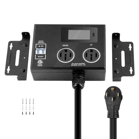 NEMA Splitter for Dryer and EV, 3-Color LED Indicator, 240V Smart Power Distribution, With NEMA 14-50 Plug, Two NEMA 14-50 Outlets, 3.4 in LCD Screen, Max 40A Dryer EV, Tested to ETL Standard