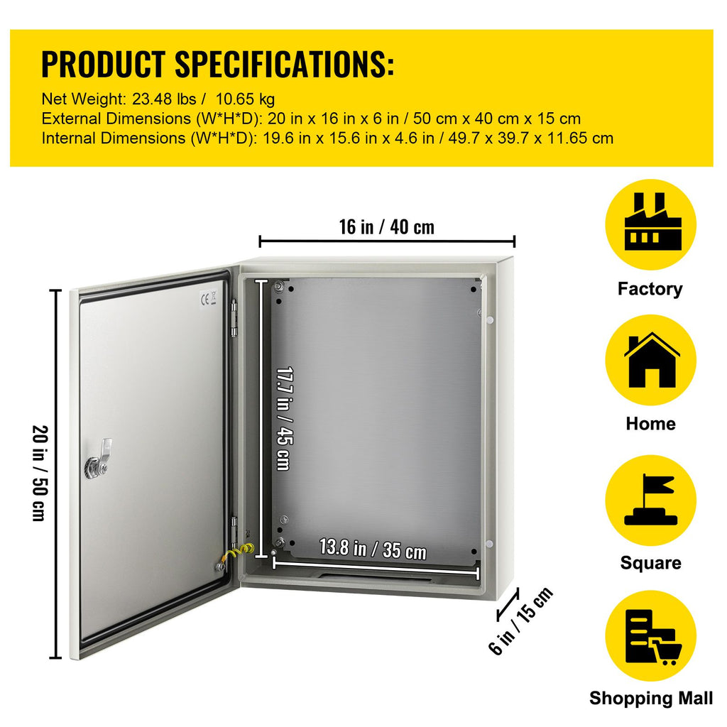 NEMA Steel Case, 20x16x6'' NEMA 4X Metal Electric Enclosure, IP66 Water & Dust Resistant, Suitable for Both Outdoor/Indoor Use, Includes Mounting Plate