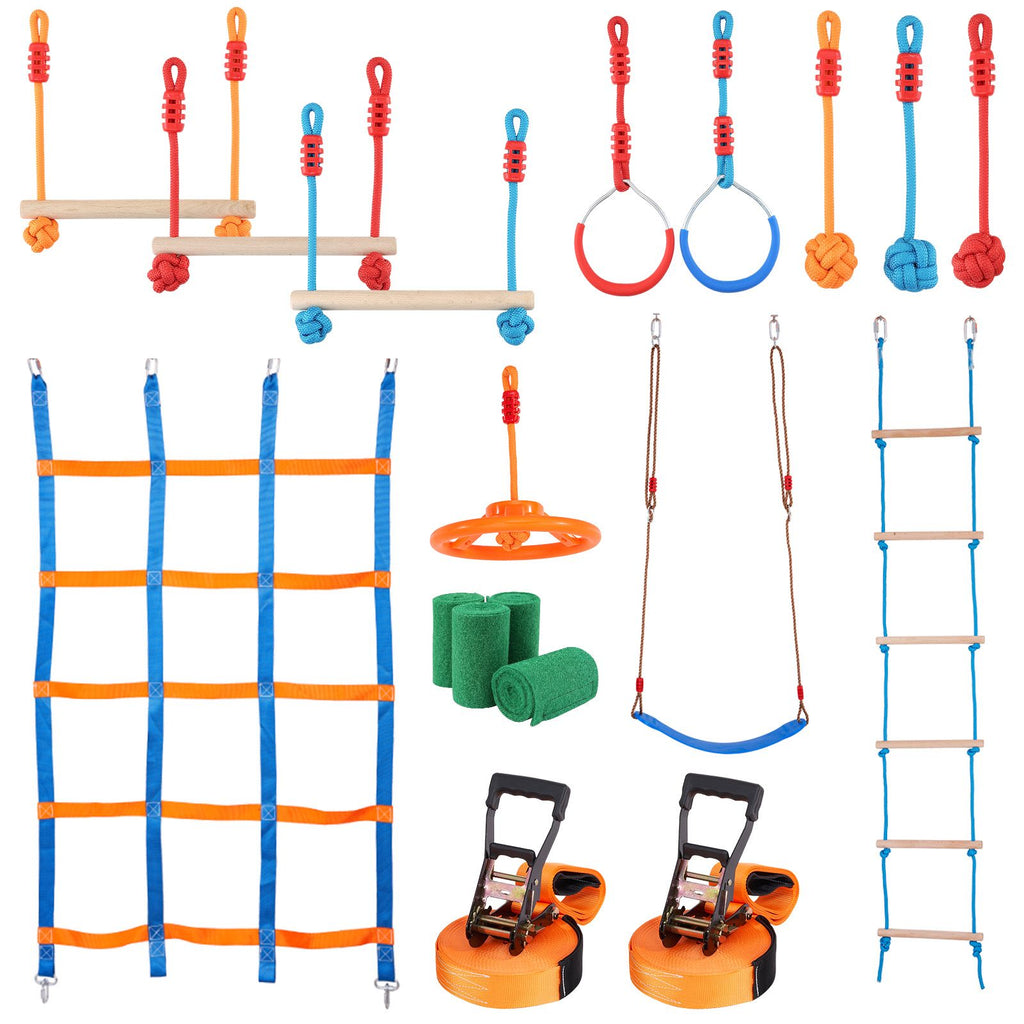 Ninja Warrior Obstacle Course for Kids, 2 x 56 ft Weatherproof Slacklines, 500lbs Weight Capacity Monkey Line, Outdoor Playset Equipment, Backyard Toys Training Equipment Set with 12 Obstacles