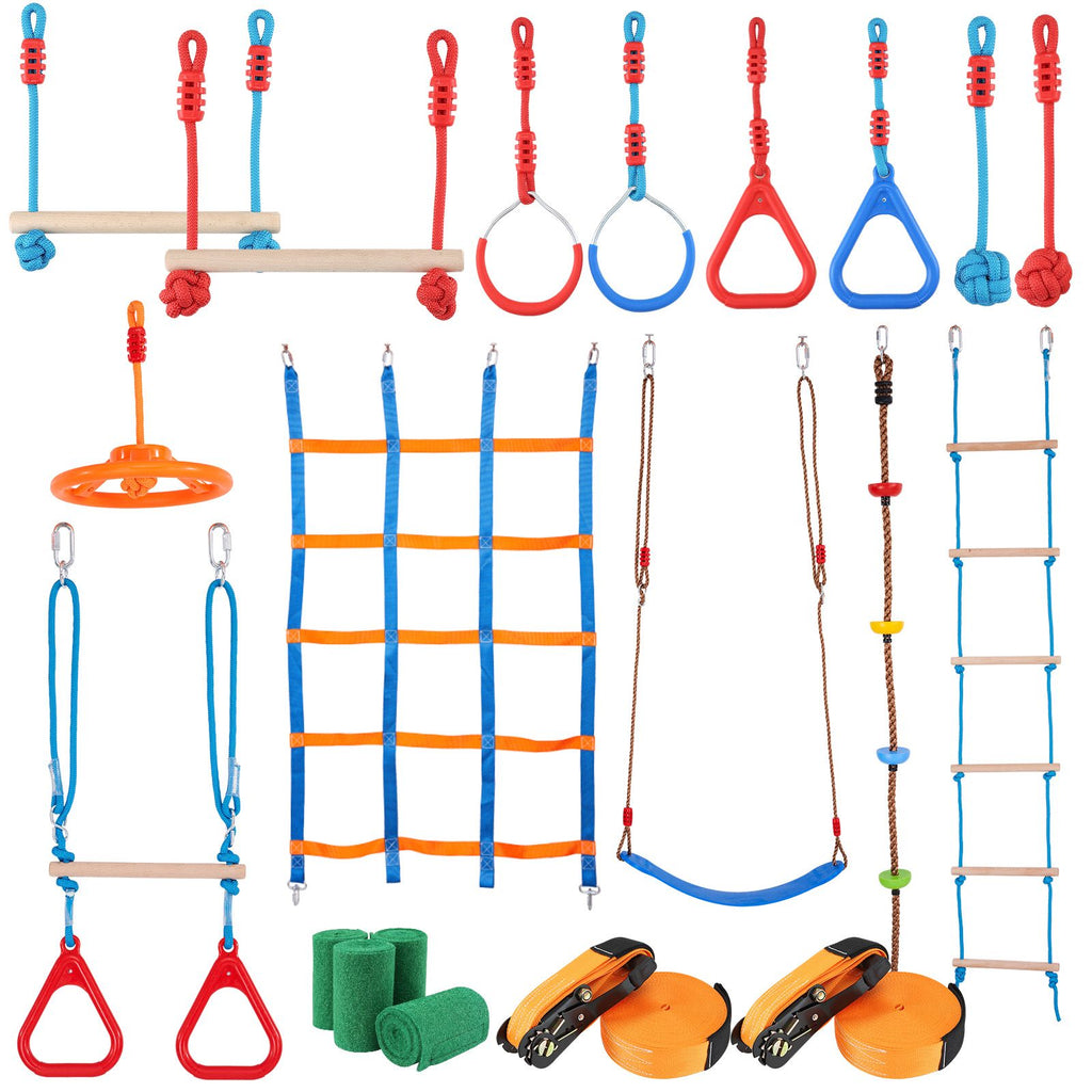 Ninja Warrior Obstacle Course for Kids, 2 x 60 ft Weatherproof Slacklines, 500lbs Weight Capacity Monkey Line, Outdoor Playset Equipment, Backyard Toys Training Equipment Set with 14 Obstacles