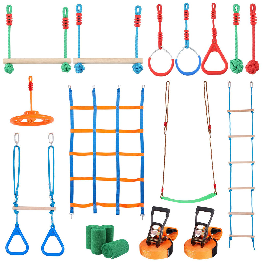 Ninja Warrior Obstacle Course for Kids, 2 x 65 ft Weatherproof Slacklines, 500lbs Weight Capacity Monkey Line, Outdoor Playset Equipment, Backyard Toys Training Equipment Set with 12 Obstacles