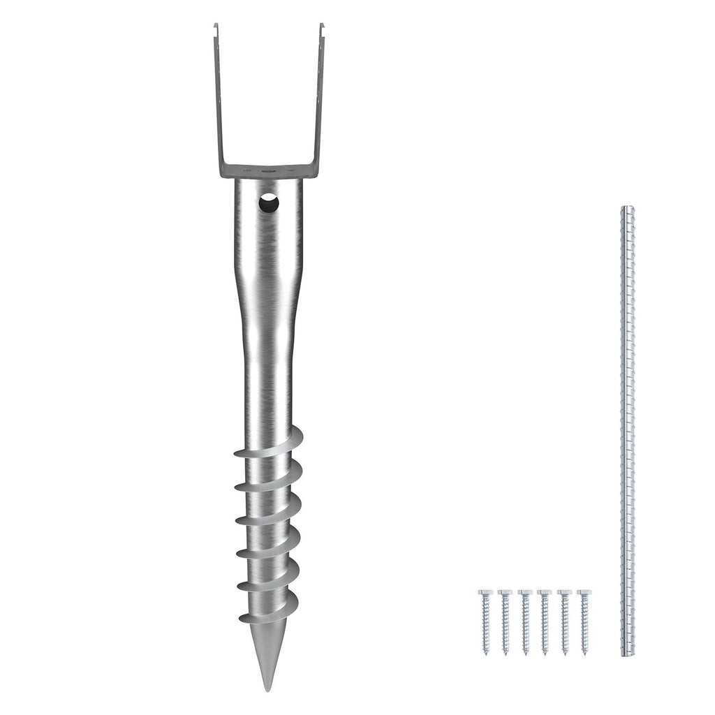 No Dig Ground Anchor, 1 Pack 3.94 x 2.76 x 27.56 in DIY Screw in Post Stake, Includes 6 Lag Bolts & a Rebar, U-Shape Heavy Duty Steel Post Holder, Great for Mailbox Posts and Fence Posts