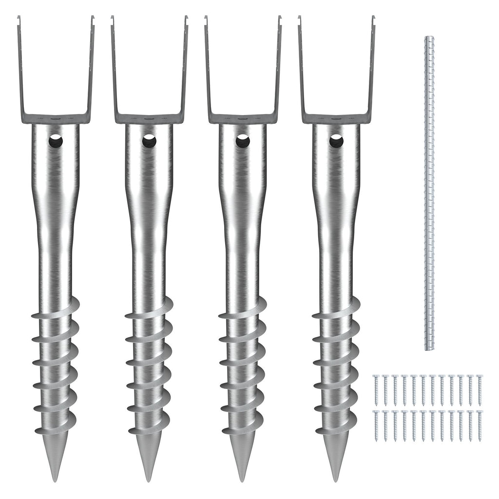 No Dig Ground Anchor, 4 Pack 3.94 x 2.76 x 27.56 in DIY Screw in Post Stake, Includes 6 Lag Bolts & a Rebar, U-Shape Heavy Duty Steel Post Holder, Great for Mailbox Posts and Fence Posts