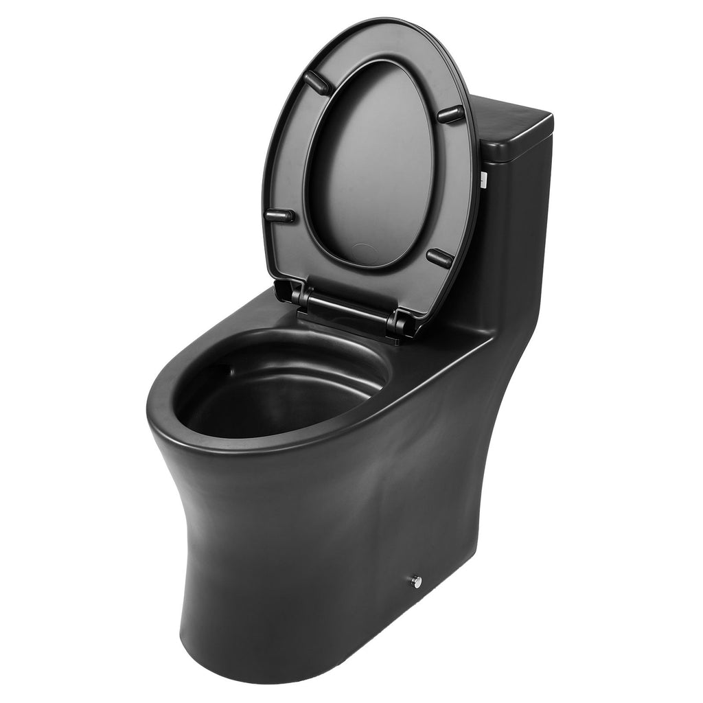 One-Piece Toilet, Elongated Toilet Vortex Dual-Flush 1.0/1.28 GPF, Toilets for Bathroom with Comfortable Chair Seat, Standard Height, Easy-Clean Skirted Design, 12 inch Rough-In, Black + Silver