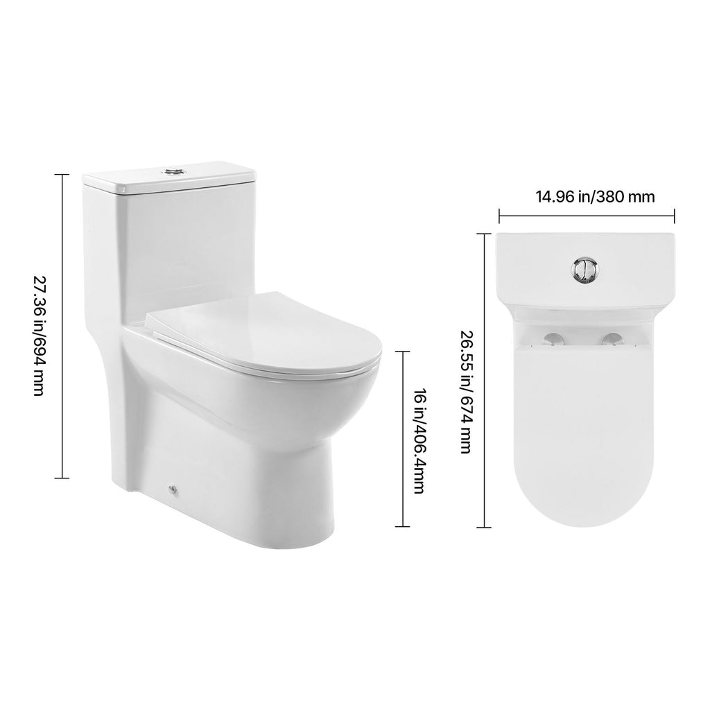 One-Piece Toilet, Elongated Toilet Vortex Dual-Flush 1.1/1.6 GPF, Toilets for Bathroom with Comfortable Chair Seat, Standard Height, Easy-Clean Skirted Design, 10 inch Rough-In, White + Silver