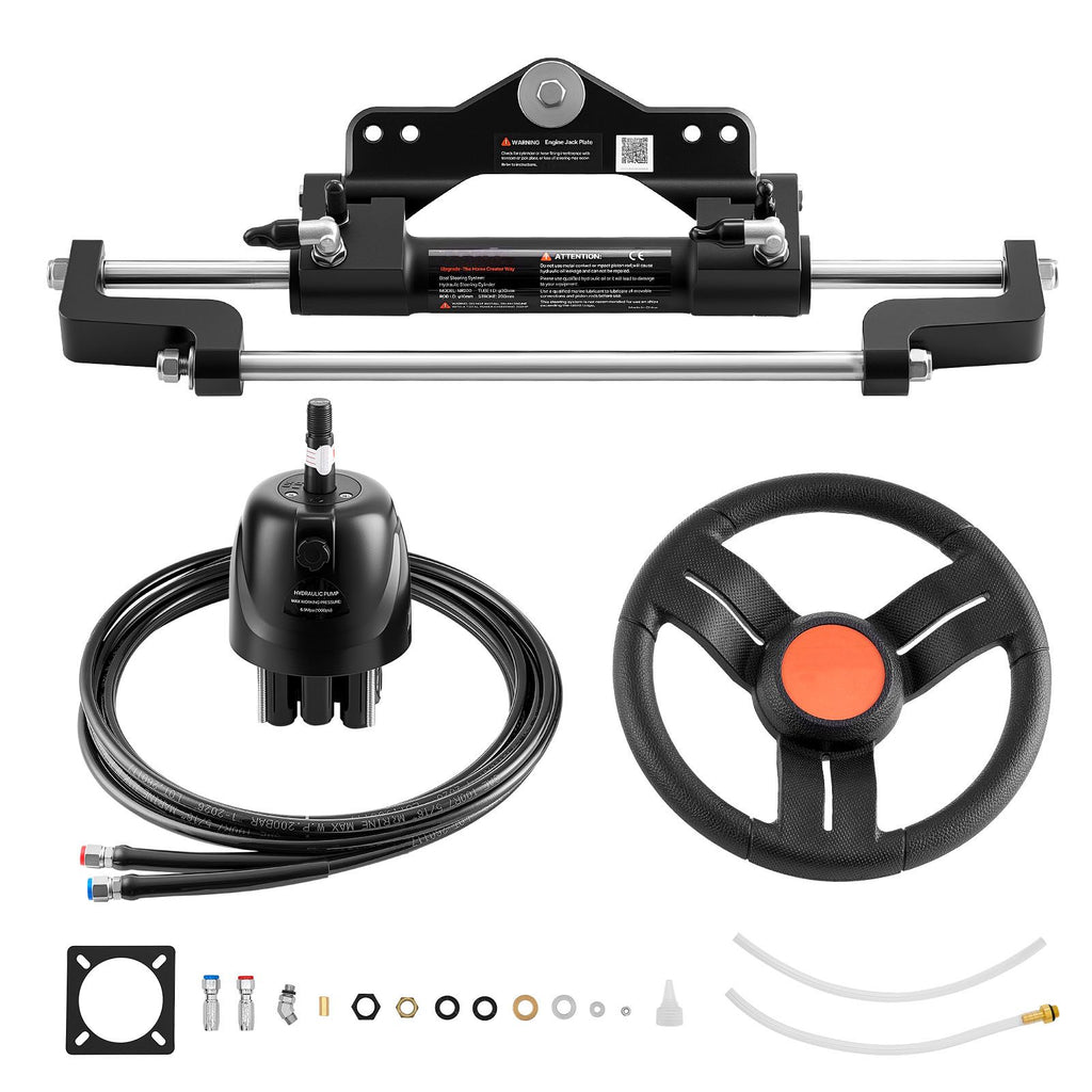 Outboard Hydraulic Steering Kit, 200 HP, Marine Boat Hydraulic Steering System with 6.9 MPa Two-Way Lock Helm Pump, Cylinder, 2 PCS 26 ft Hoses, 13.5" Wheel for Single Station, Single-Engine Use