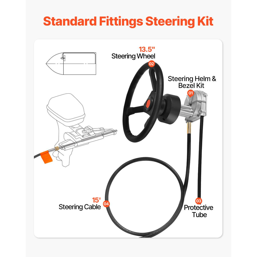 Outboard Steering System SS13715 Safe-T Quick Connect Rotary Steering System 15' Steering Cable With 13" Wheel Durable Marine Steering System