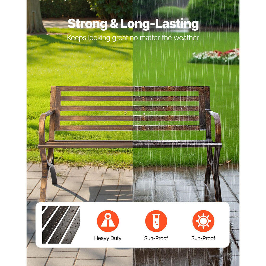 Outdoor Bench, 50 inch, Carbon Steel Metal Frame with Slatted Pattern Backrest and Round Edge Armrests, Weatherproof Outside Bench for Patio, Garden, Park, Yard, Front Porch, Antique Bronze image 2