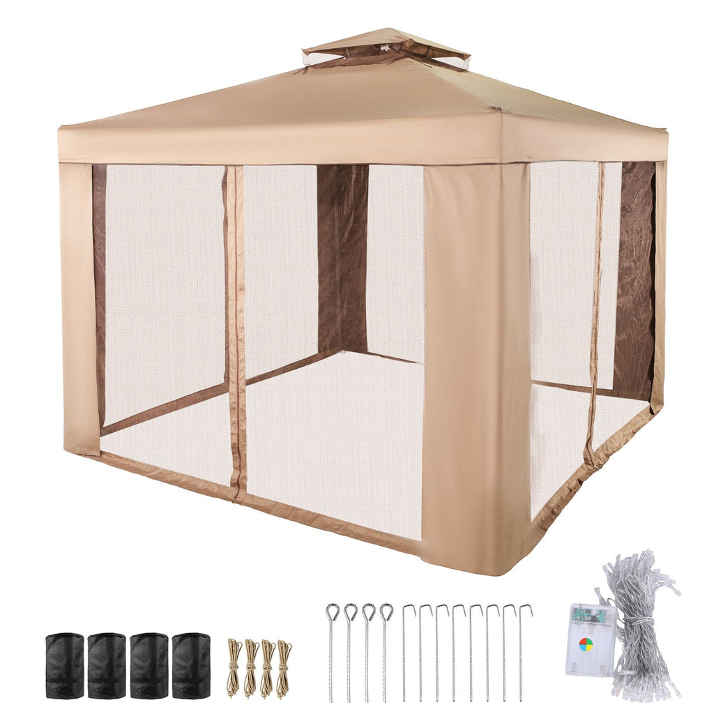 Outdoor Canopy Gazebo Tent, Portable Canopy Shelter with 10\'x10\' Large Shade Space for Party, Backyard, Patio Lawn and Garden, 4 Sandbags, and Netting Included, Brown