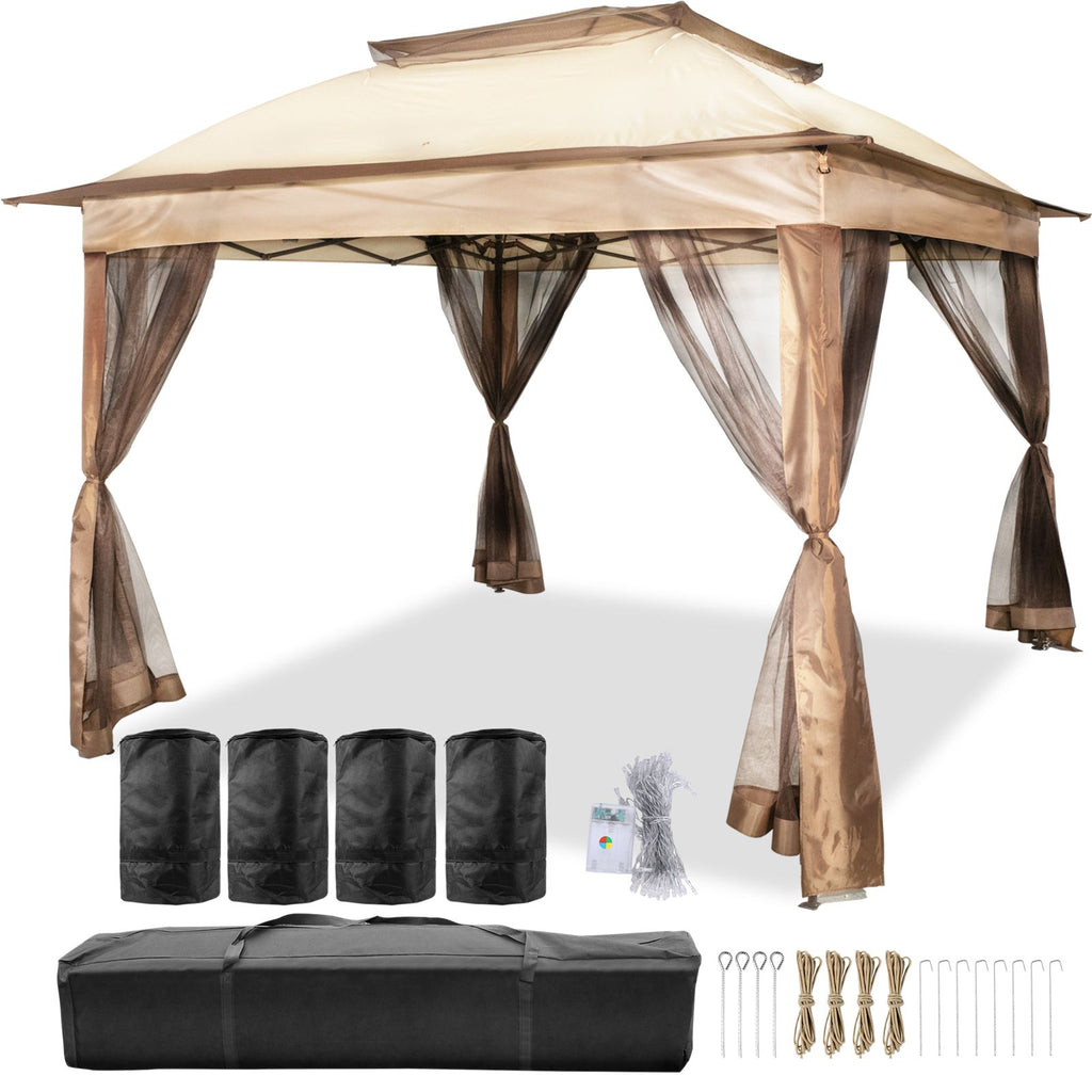 Outdoor Canopy Gazebo Tent, Portable Canopy Shelter with 11'x11' Large Shade Space for Party, Backyard, Patio Lawn and Garden, 4 Sandbags, Carrying Bag and Netting Included, Brown