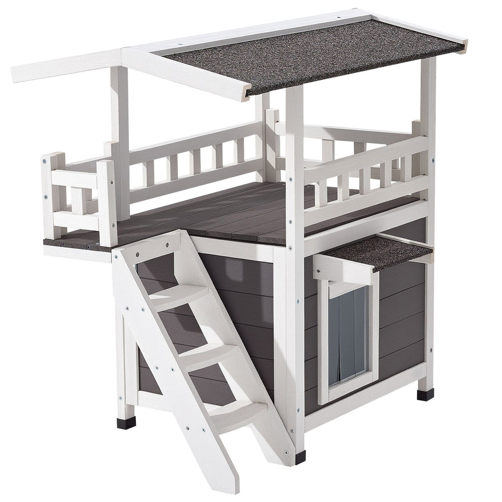 Outdoor Cat House, 2-Story Wooden Cat Shelter with Stairs & Balcony, Elevated Feral Kitty Shelter, Spacious Room, Waterproof Cats Condos for Indoor & Outdoor Cats in Winter 30 x 22 x 30 in