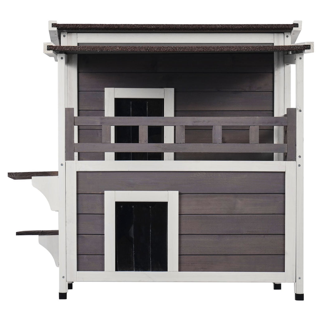Outdoor Cat House Weatherproof, Feral Cat Shelter for Multiple Cats, 2-story Large Outdoor Wooden Cat House with Balcony, Doors, PVC Door Flaps and Open Roof, 30"L x 30"W x 32"H