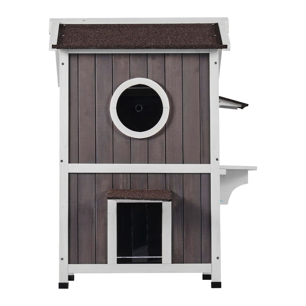 Outdoor Cat House Weatherproof, Feral Cat Shelter for Multiple Cats, 2-story Large Outdoor Wooden Cat House with Doors, PVC Door Flaps, A Clear Window, 23"L x 26"W x 36"H